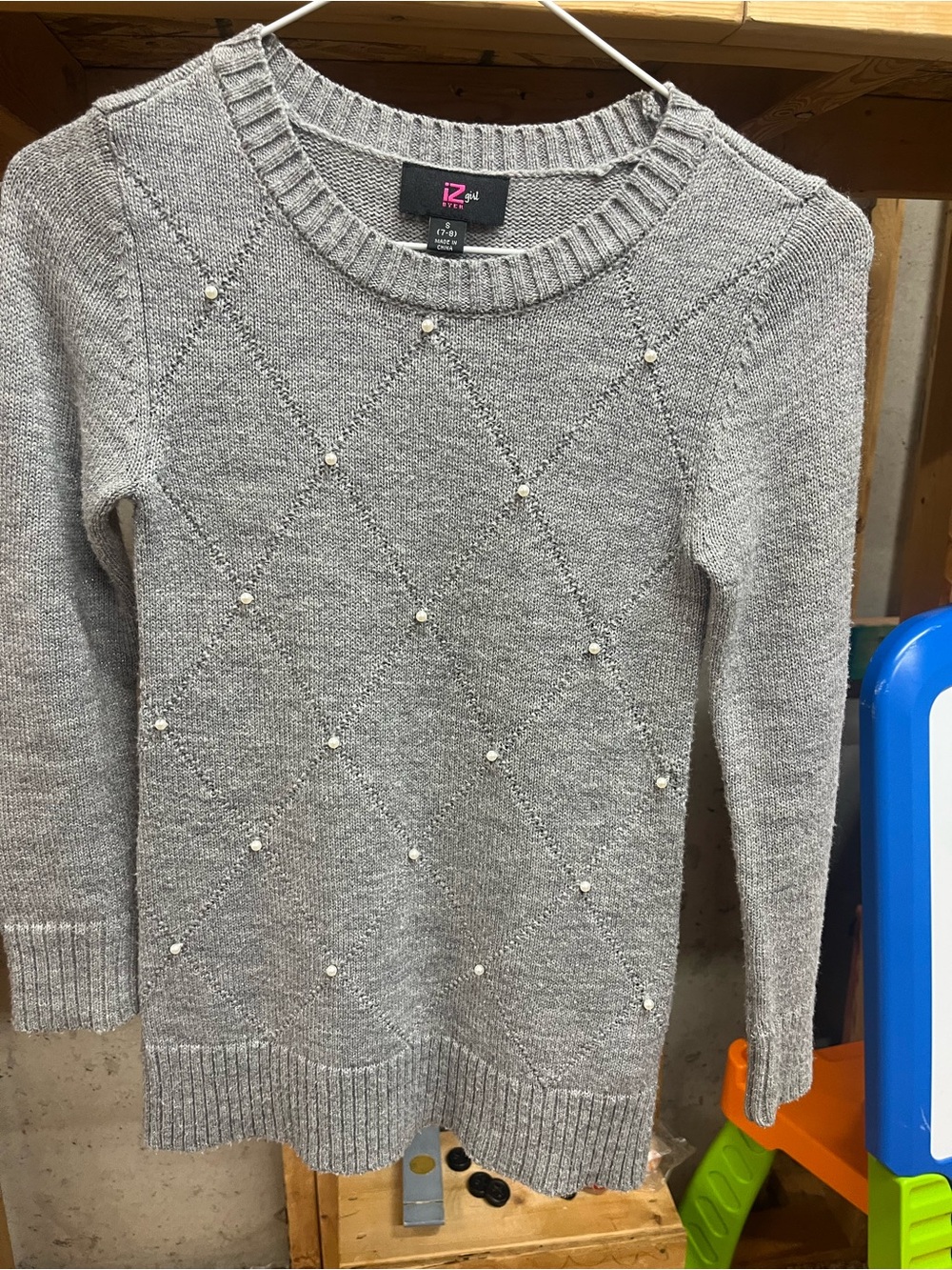 Iz Byer Light Gray Pearl-Accent Crewneck Sweater